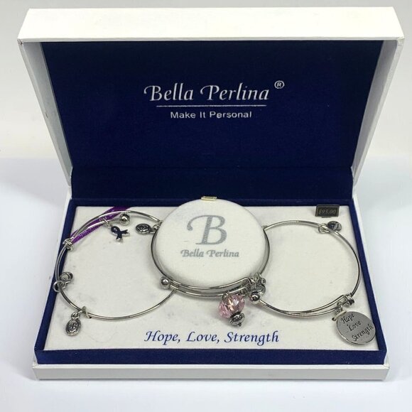 Bella Perlina Hope, Love, Strength Breast Cancer Silver Charm Bangle Trio Set - Picture 1 of 11